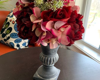 Succulent faux arrangement, Faux Floral Arrangement, hydrangeas, urn, rose