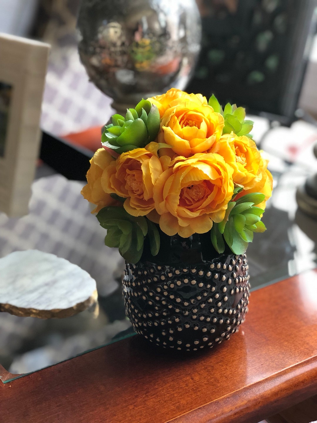 Artificial Floral Arrangement, Faux Rose and Succulents Arrangement ...