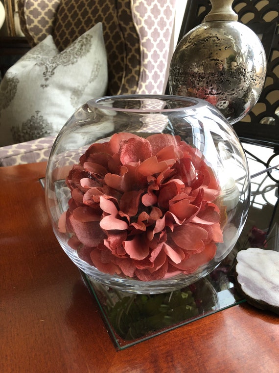 Elegant Faux Floral In A Round Clear Glass Vase Etsy