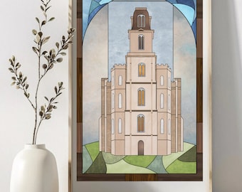 Manti Temple Art Print, Stained Glass Style (PDF Digital File)