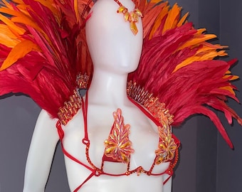 Conjuntos de carnaval personalizables: sujetador con aros, braguita, chal de plumas y tiara (Kyla)