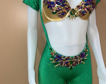 Conjunto de carnaval personalizable de 2 piezas: sujetador y mono con pantalones cortos y torso abierto