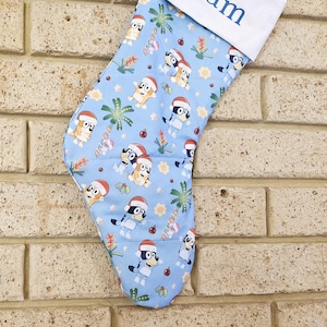 Personalised Premium Bluey and Bingo Extra Large Quilted Christmas Stocking, 60cm long / for Bluey fans / Red and Blue Healers Dog Fans
