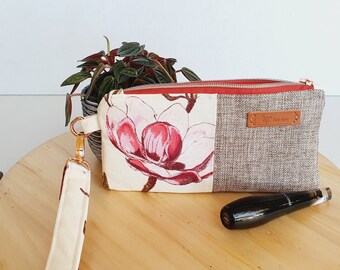 Wristlet Magnolia Flower with Rose Gold Hardware, Magnolia Bloom Zippered, Day and Night Wristlet, Credit Card, Phone Wristlet, Pink