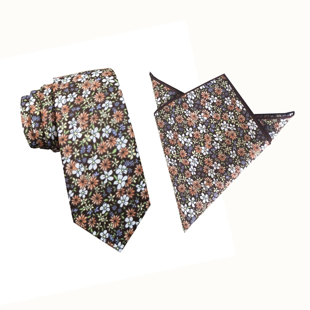 Dusty Orange Floral Tie Cotton Skinny Tie Wedding Necktie Wide Neckties
