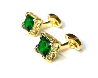 Emerald Green Gemstone Cuflinks Gold Cuff links Wedding Cuff links Birthday Gift Father's Day Gift