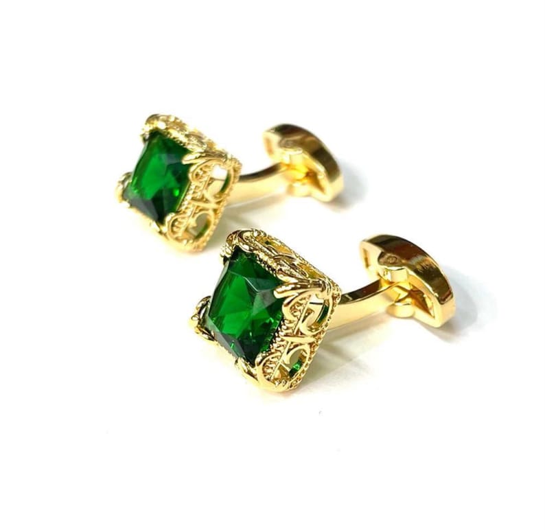 Emerald Green Gemstone Cuflinks Gold Cuff links Wedding Cuff links Birthday Gift Father's Day Gift image 1