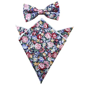 Pink Purple Floral Bow tie Mens bowties  With Matching Pocket Squares Hankies