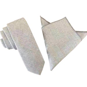 Light Grey Herringbone Linen Skinny Tie with matching pocket square  Mans Necktie Natural Fabric Wedding Neckties