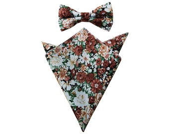 Rust Brown white Green Floral Pre-tied Bow tie| pocket square set floral| flower bowtie| wedding bowties |groomsmen |mens floral wedding