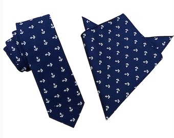 Dark Navy Blue white Anchor 6.5CM Skinny Tie Slim Nectie Thin Necties with Matching Pocket Squares Hankies