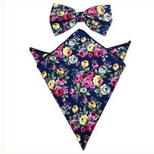 Navy Pink Floral Bow Tie & Pocket Square | floral bowtie | flower bowtie | blue wedding | rose tie | wedding ideas | groom | floral wedding