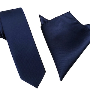 Matching 6.5cm Navy Blue Weave Skinny Tie Mens Slim Thin Necties and Pocket Square Combo for Wedding