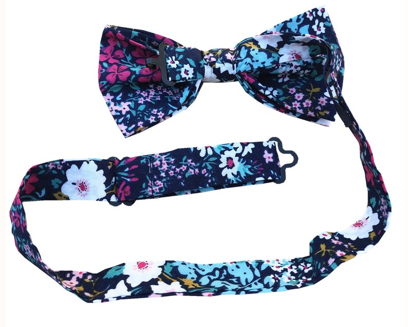 Navy Blue white Hot pink Green Floral Pre-tied Bow ties Cotton Bowties with Matching Pocket Squares Set