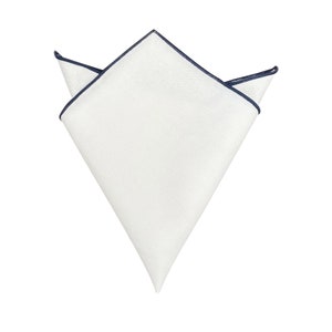 White Linen Pocket Square with navy border Mens Handkerchief Wedding Hanky