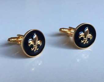 Gemelli Fleur De Lis in oro blu zaffiro/nero e oro per regalo di compleanno da uomo