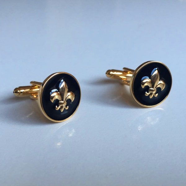 Boutons de manchette saphir bleu or/noir et or Fleur De Lis pour homme cadeau d'anniversaire