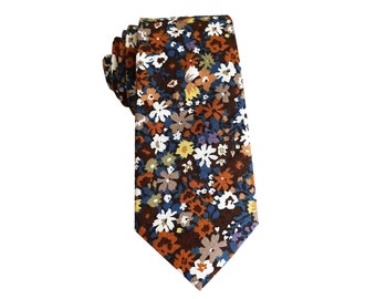 Rust with white  floral tie Cotton Brown Skinny Tie Wedding Necktie Wide Neckties Nectie Wedding Tie.Groomsmen Gift for Wedding