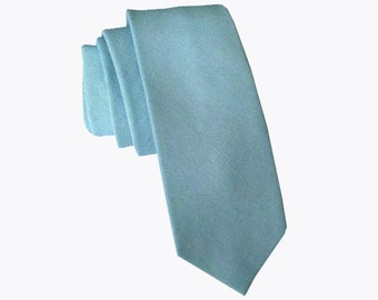 Blue Linen Slub Skinny Tie Mans Necktie Wedding Neckties with Matching Pocket Square