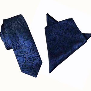 Navy Blue Paisley Skinny Tie with matching pocket square, Men&#39;s Skinny Tie, Mens Tie, Wedding Tie, Grooms Skinny Tie, Groomsmen Ties