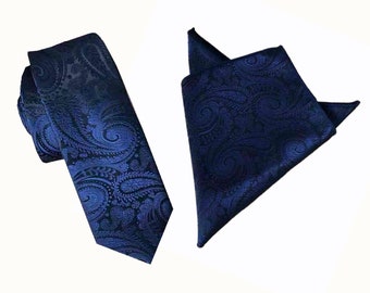Navy Blue Paisley Skinny Tie with matching pocket square, Men's Skinny Tie, Mens Tie, Wedding Tie, Grooms Skinny Tie, Groomsmen Ties