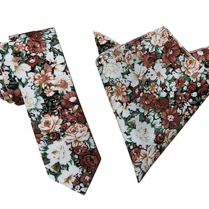 Rust Brown white Green Floral Skinny Tie | Pocket Square| floral tie | flower necktie | Rust Bow tie |wedding rose tie |groomsmen