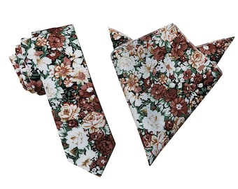 Rust Brown white Green Floral Skinny Tie | Pocket Square| floral tie | flower necktie | Rust Bow tie |wedding rose tie |groomsmen