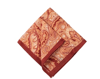 Burnt Orange Paisley Pocket Square,Dusty Orange Wool Pocket Square, Pocket Squares For Men