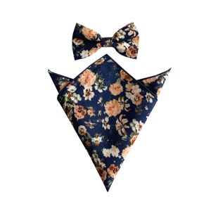 Navy Blue With Peach Floral Pre-tied Bow tie| flower bowtie| wedding rose bowties |groomsmen |mens floral wedding