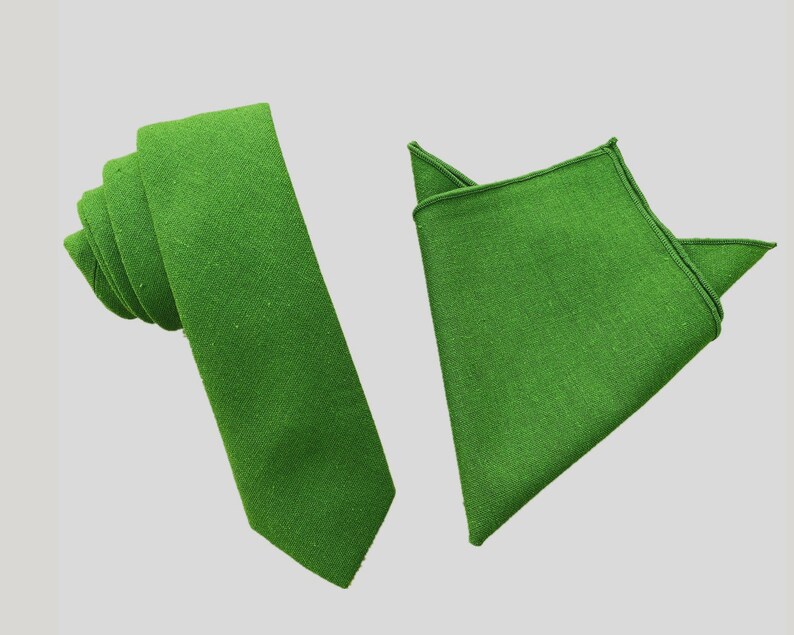 Green Skinny Tie Slim Necktie Thin Neckties with Matching Pocket Square Hanky hankies