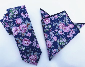 Navy Purple Floral Skinny Tie & Pocket Square Set| floral tie | flower necktie | wedding rose tie |groomsmen |mens floral wedding