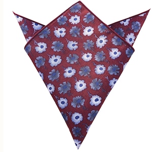 Burgundy with white Floral Pocket Square Cotton Handkerchief Mens Hanky Hankies Groom Grooms Groomsmen Wedding Gift