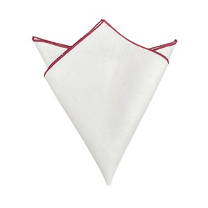 White Linen Pocket Square with maroon border Mens Handkerchief Wedding Hanky