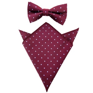 Mens Pre-tied Bowtie Burgundy White Polka Dots Pocket Square Set. Burgundy Wedding Tie. Bow tie + Pocket Square. Groomsmen Neck Tie