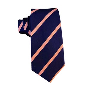 Navy Blue with peach stripes Skinny Tie Mans Necktie Linen Neckties