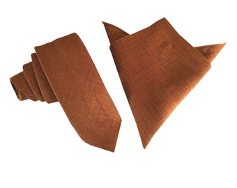 Bronze Skinny Tie with matching pocket square, Men&#39;s Copper Skinny Tie, Mens Golden Brown Wedding Tie, Grooms Skinny Tie, Groomsmen Tie