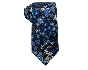 Blue Floral on navy blue Cotton Tie Skinny Tie Wedding Necktie Wide Neckties Nectie Wedding Tie. Blue Groomsmen Gift for Wedding