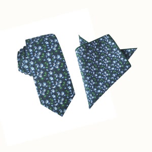 Navy Blue with Green Blue Floral Skinny Tie with matching Pocket Square Set| floral tie | flower necktie | wedding rose tie |groomsmen