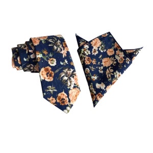 Navy Blue with Orange Floral Skinny Tie with matching Pocket Square Set| floral tie | Peach flower nectie | wedding rose tie |groomsmen