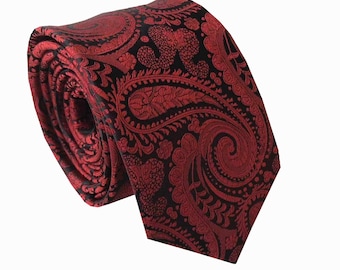 Black&Maroon Paisley Skinny Tie with matching pocket square, Men's Skinny Tie, Mens Tie, Wedding Tie, Grooms Skinny Tie, Groomsmen Ties