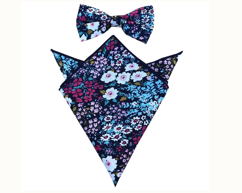 Navy Blue white Hot pink Green Floral Pre-tied Bow ties Cotton Bowties with Matching Pocket Squares Set
