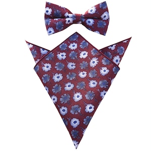 Burgundy white Floral Pre-tied Bowties Mans Bowtie With matching Pocket Square Cotton Hanky Hankies Wedding Gift Grooms