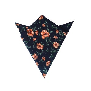 Dark Navy Blue with Peach  Floral Pocket Square | floral Pocket Squares| flower hankies| wedding rose hanky |groomsmen |mens floral wedding