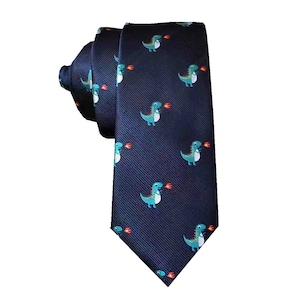 Navy Blue Dino Skinny Tie Mans Novelty Necktie Animal Dinosaur Print Standard Ties