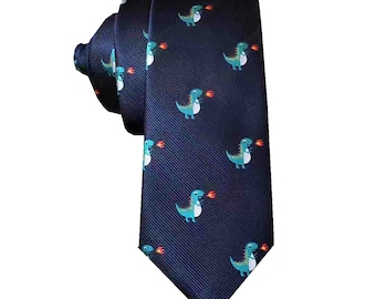 Navy Blue Dino Skinny Tie Mans Novelty Necktie Animal Dinosaur Print Standard Ties