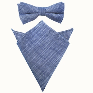 Linen blend chambray bow tie – pre tied adjustable – blue linen cotton blend – adult size bow ties for men