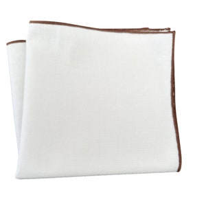 White Linen Pocket Square Brown Border Pocket Squares Plain white Hanky Wedding Formal