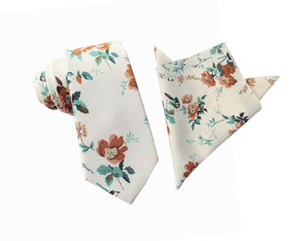 Rust Floral Skinny Tie with matching Pocket Square Set| floral tie | flower nectie | wedding rose tie |groomsmen