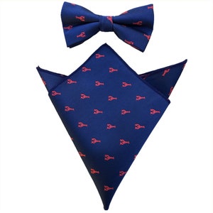 Navy Blue Red Lobster Pre-tied Bow tie Bowties Animal Print Yabbi ties Necties with Matching Pocket Sqaure Hanky Hankies