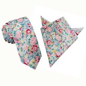 Pink white Floral Cotton Skinny Tie Mens Necktie Neckties gift for Groomsmen